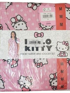 SANRIO Pajama Set Women Pink Hello Kitty 2-Piece Short Sleeve Top & Jogger Set